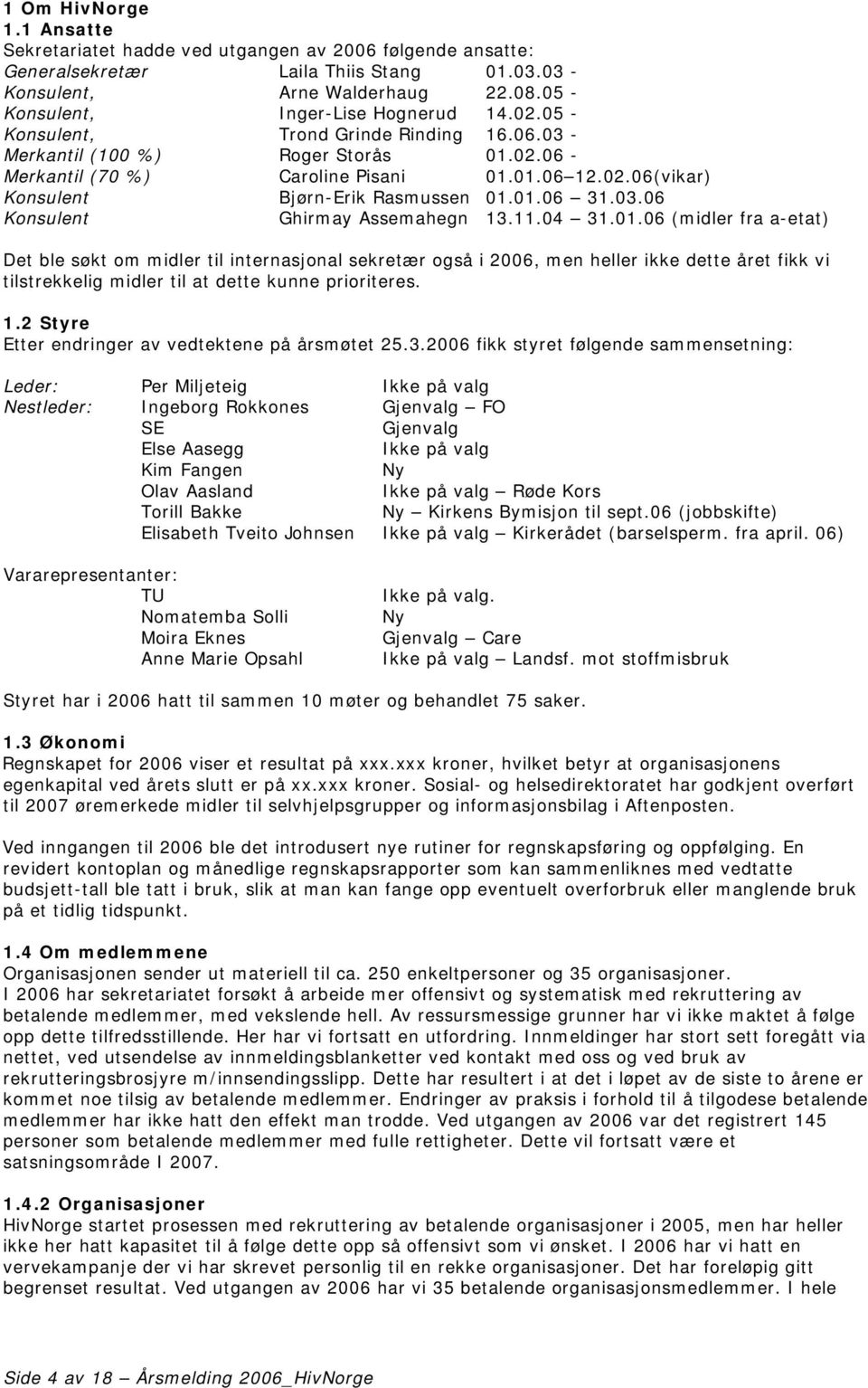 01.06 31.03.06 Konsulent Ghirmay Assemahegn 13.11.04 31.01.06 (midler fra a-etat) Det ble søkt om midler til internasjonal sekretær også i 2006, men heller ikke dette året fikk vi tilstrekkelig midler til at dette kunne prioriteres.