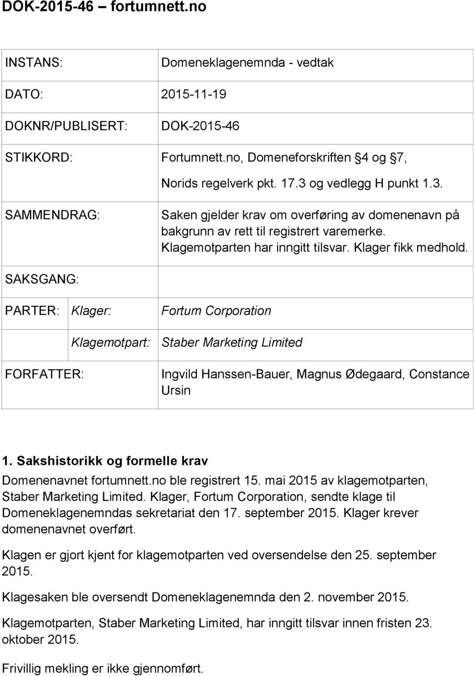 SAKSGANG: PARTER: Klager: Fortum Corporation Klagemotpart: Staber Marketing Limited FORFATTER: Ingvild Hanssen-Bauer, Magnus Ødegaard, Constance Ursin 1.