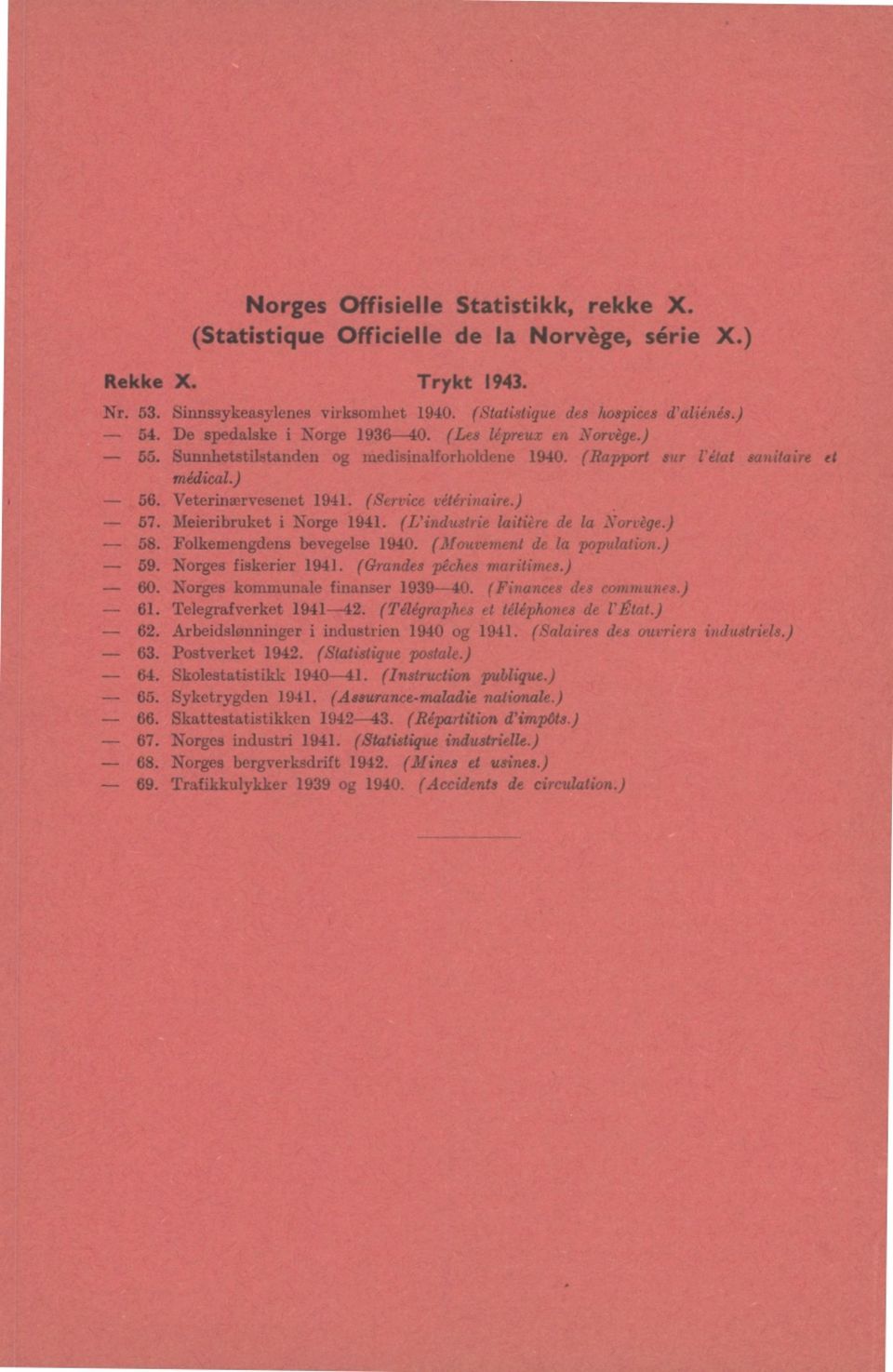 ) 57. Meieribruket i Norge 1941. (L'industrie laitière de la Norvège.) 58. Folkemengdens bevegelse 1940. (Mouvement de la population.) 59. Norges fiskerier 1941. (Grandes pêches maritimes.) 60.