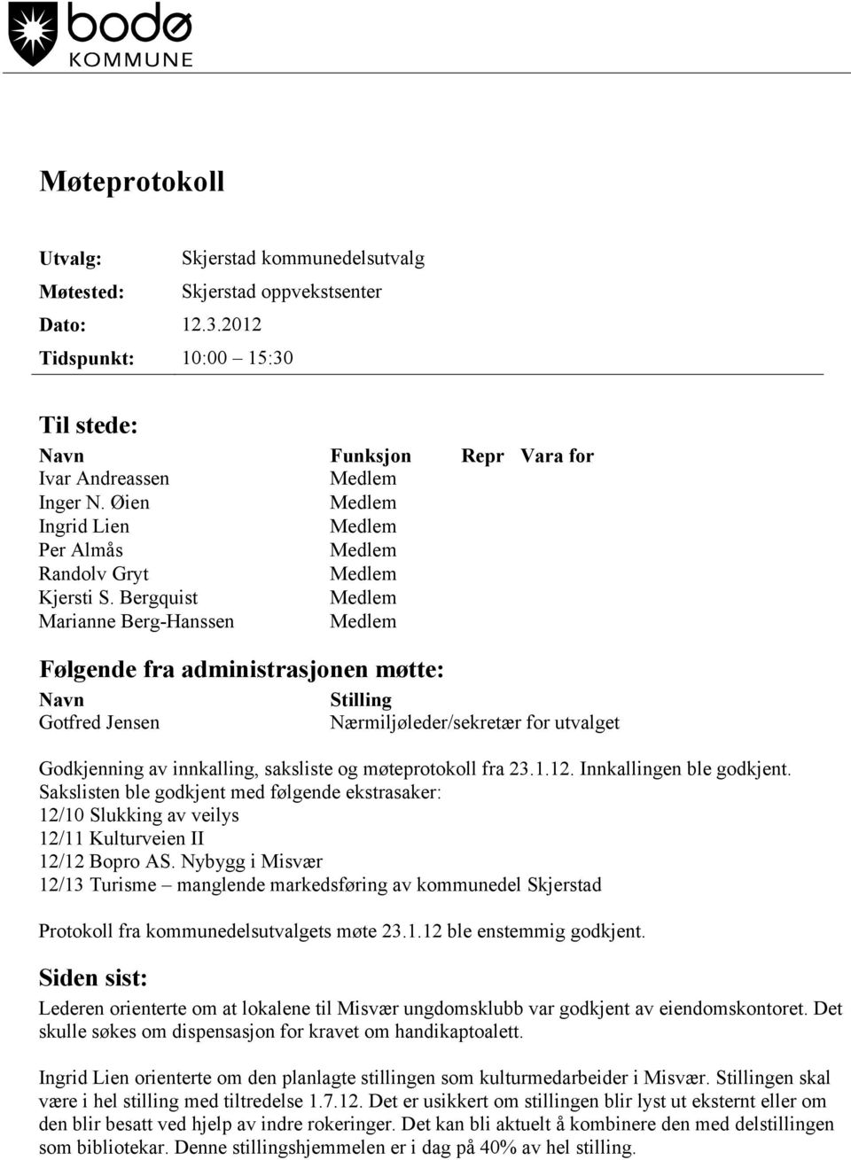 Bergquist Marianne Berg-Hanssen Følgende fra administrasjonen møtte: Navn Gotfred Jensen Stilling Nærmiljøleder/sekretær for utvalget Godkjenning av innkalling, saksliste og møteprotokoll fra 23.1.12.