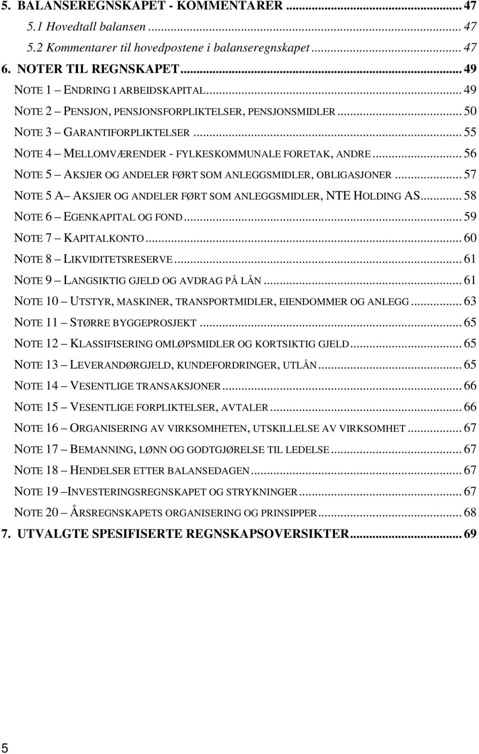 .. 56 NOTE 5 AKSJER OG ANDELER FØRT SOM ANLEGGSMIDLER, OBLIGASJONER... 57 NOTE 5 A AKSJER OG ANDELER FØRT SOM ANLEGGSMIDLER, NTE HOLDING AS... 58 NOTE 6 EGENKAPITAL OG FOND... 59 NOTE 7 KAPITALKONTO.