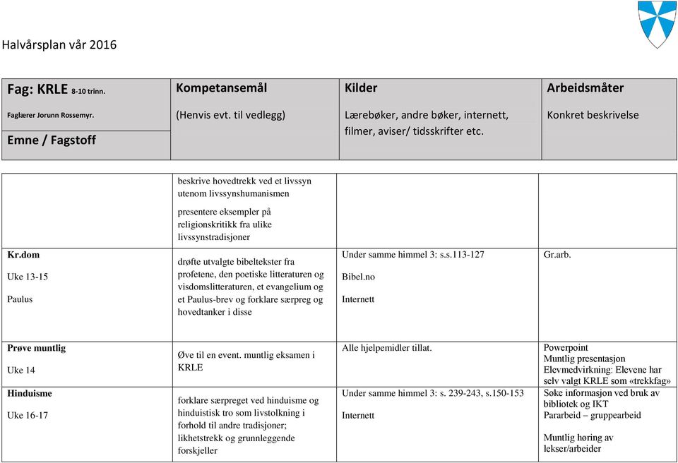 samme himmel 3: s.s.113-127 Bibel.no Gr.arb. Prøve muntlig Uke 14 Hinduisme Uke 16-17 Øve til en event.