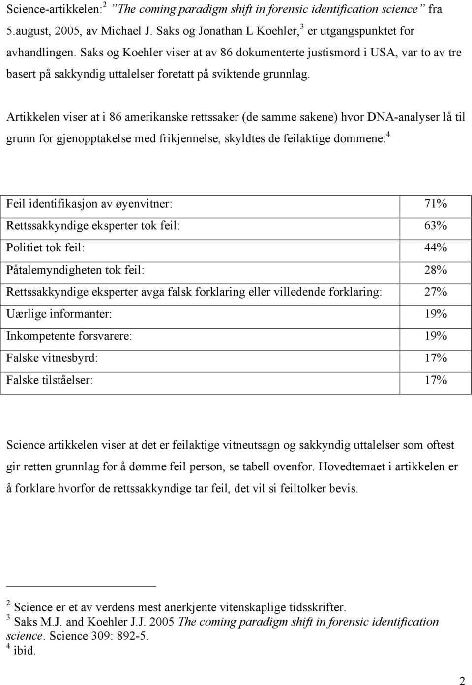 Artikkelen viser at i 86 amerikanske rettssaker (de samme sakene) hvor DNA-analyser lå til grunn for gjenopptakelse med frikjennelse, skyldtes de feilaktige dommene: 4 Feil identifikasjon av