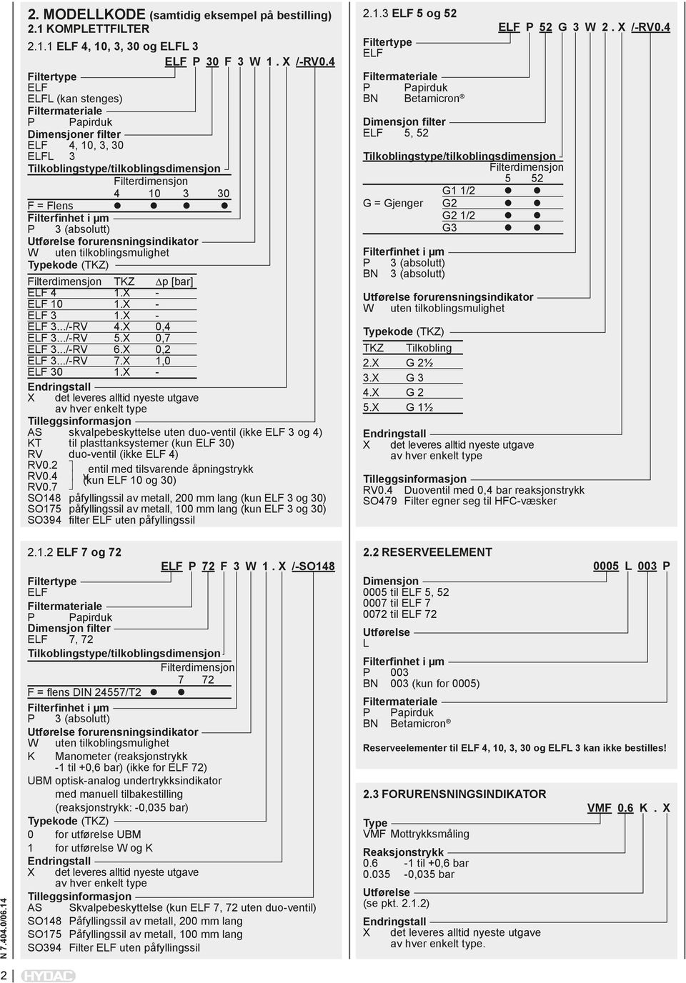 W uten tilkoblingsmulighet Typekode (TKZ) Filterdimensjon TKZ ELF 4 1.X - ELF 10 1.X - ELF 3 1.X - ELF 3.../-RV 4.X 0,4 ELF 3.../-RV 5.X 0,7 ELF 3.../-RV 6.X 0,2 ELF 3.../-RV 7.X 1,0 ELF 30 1.