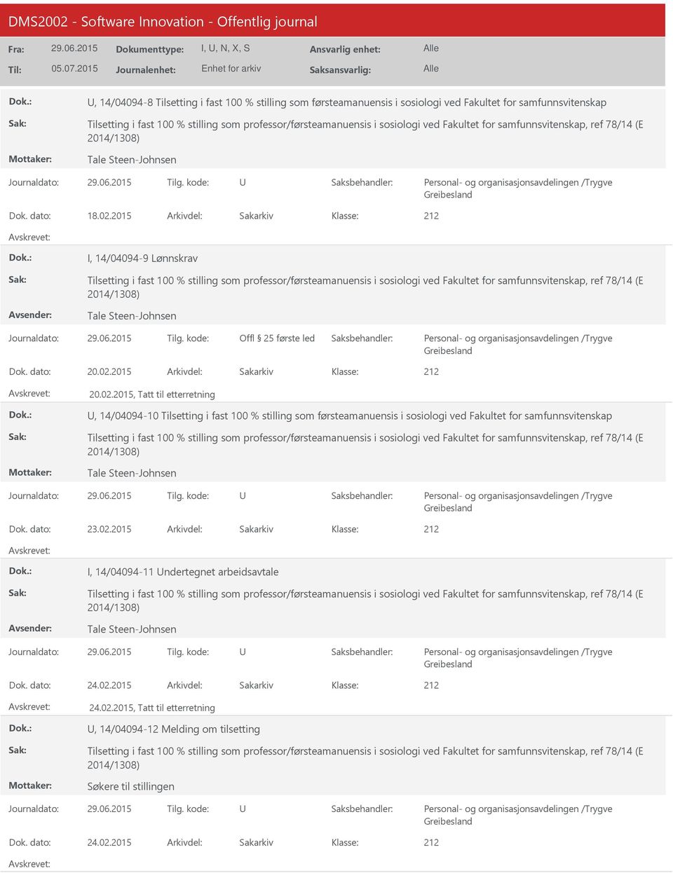 2015 I, 14/04094-9 Lønnskrav Tilsetting i fast 100 % stilling som professor/førsteamanuensis i sosiologi ved Fakultet for samfunnsvitenskap, ref 78/14 (E 2014/1308) Tale Steen-Johnsen Offl 25 første