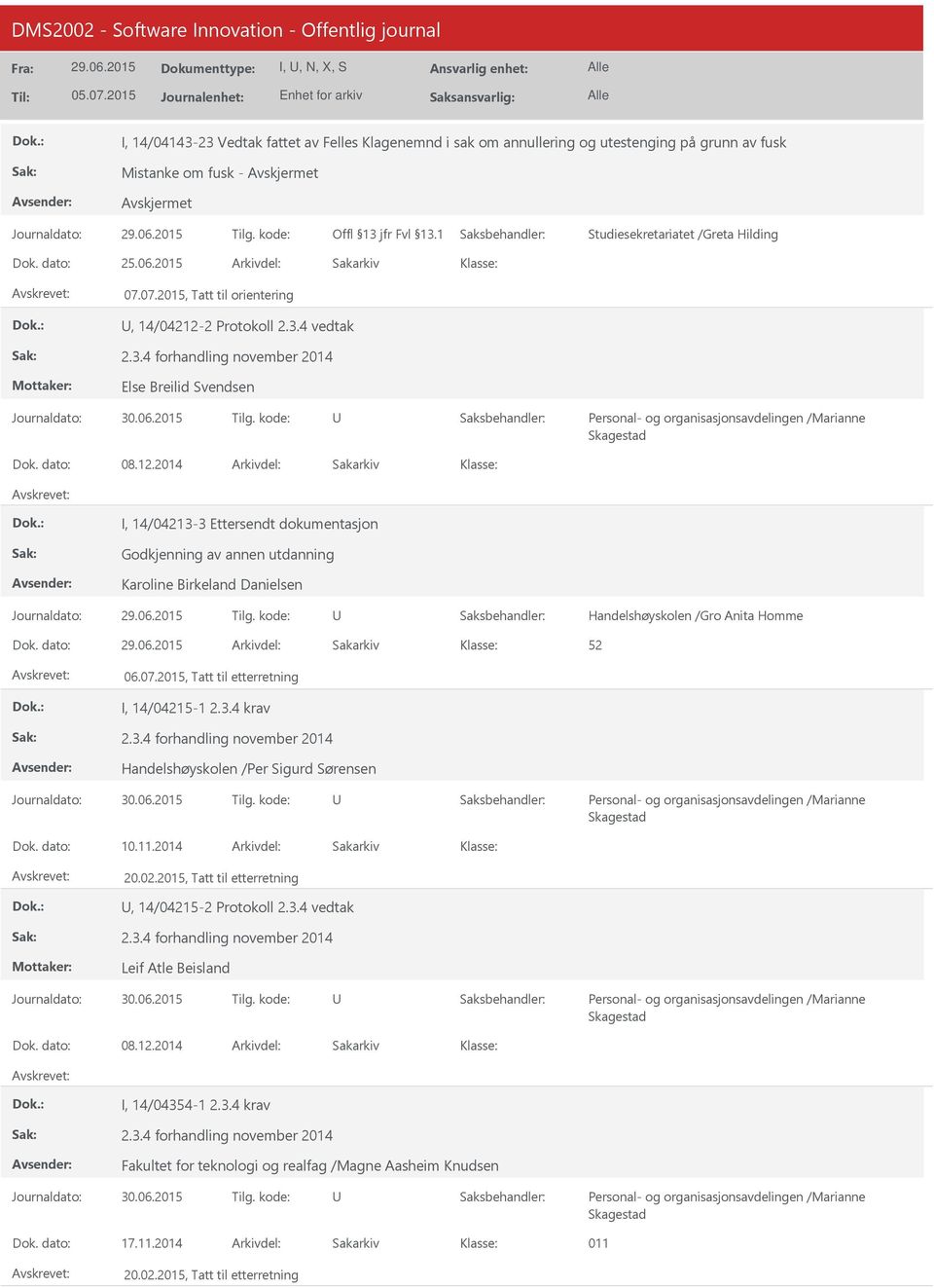 2014 I, 14/04213-3 Ettersendt dokumentasjon Godkjenning av annen utdanning Karoline Birkeland Danielsen Handelshøyskolen /Gro Anita Homme 06.07.2015, Tatt til etterretning I, 14/04215-1 2.3.4 krav 2.