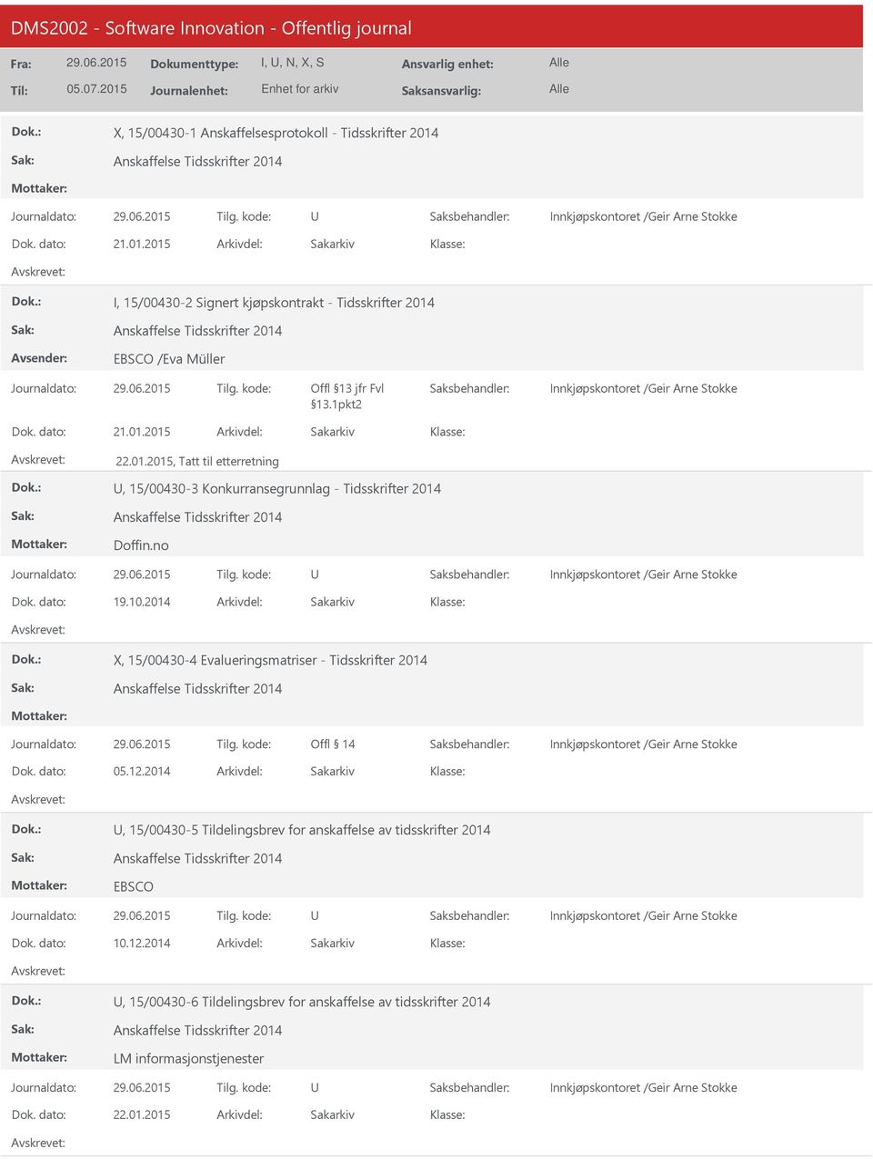 no Innkjøpskontoret /Geir Arne Stokke 19.10.2014 X, 15/00430-4 Evalueringsmatriser - Tidsskrifter 2014 Anskaffelse Tidsskrifter 2014 Offl 14 Innkjøpskontoret /Geir Arne Stokke 05.12.