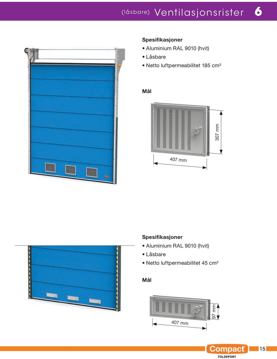 Mål 307 mm 407 mm Spesifikasjoner Aluminium RAL 9010