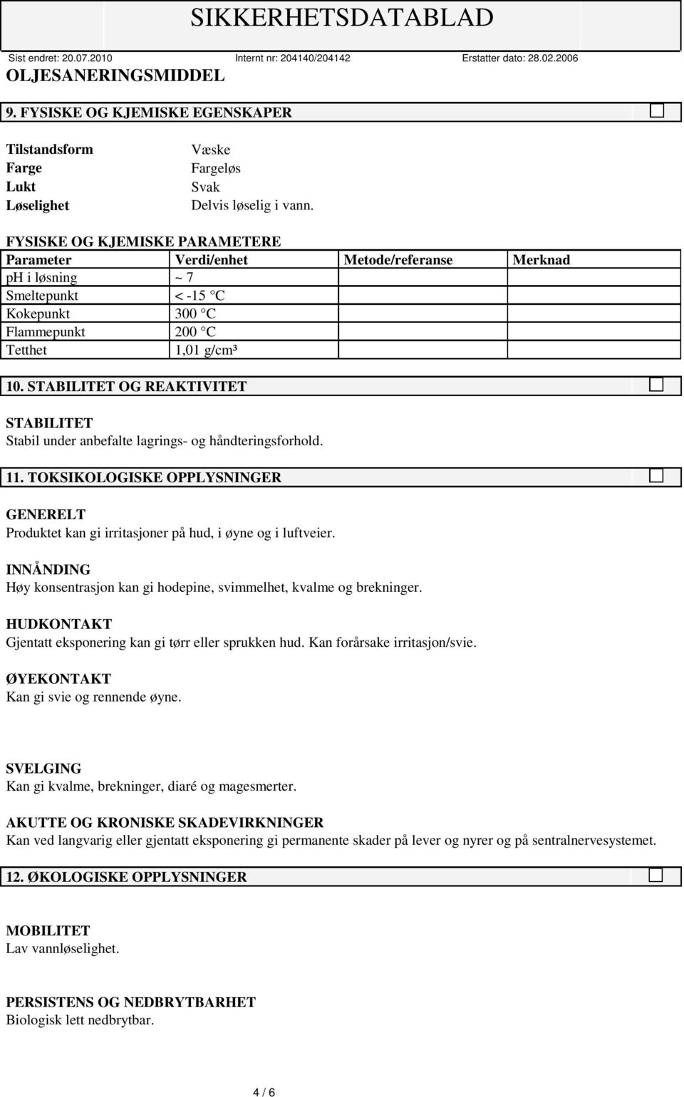 STABILITET OG REAKTIVITET STABILITET Stabil under anbefalte lagrings- og håndteringsforhold. 11. TOKSIKOLOGISKE OPPLYSNINGER GENERELT Produktet kan gi irritasjoner på hud, i øyne og i luftveier.