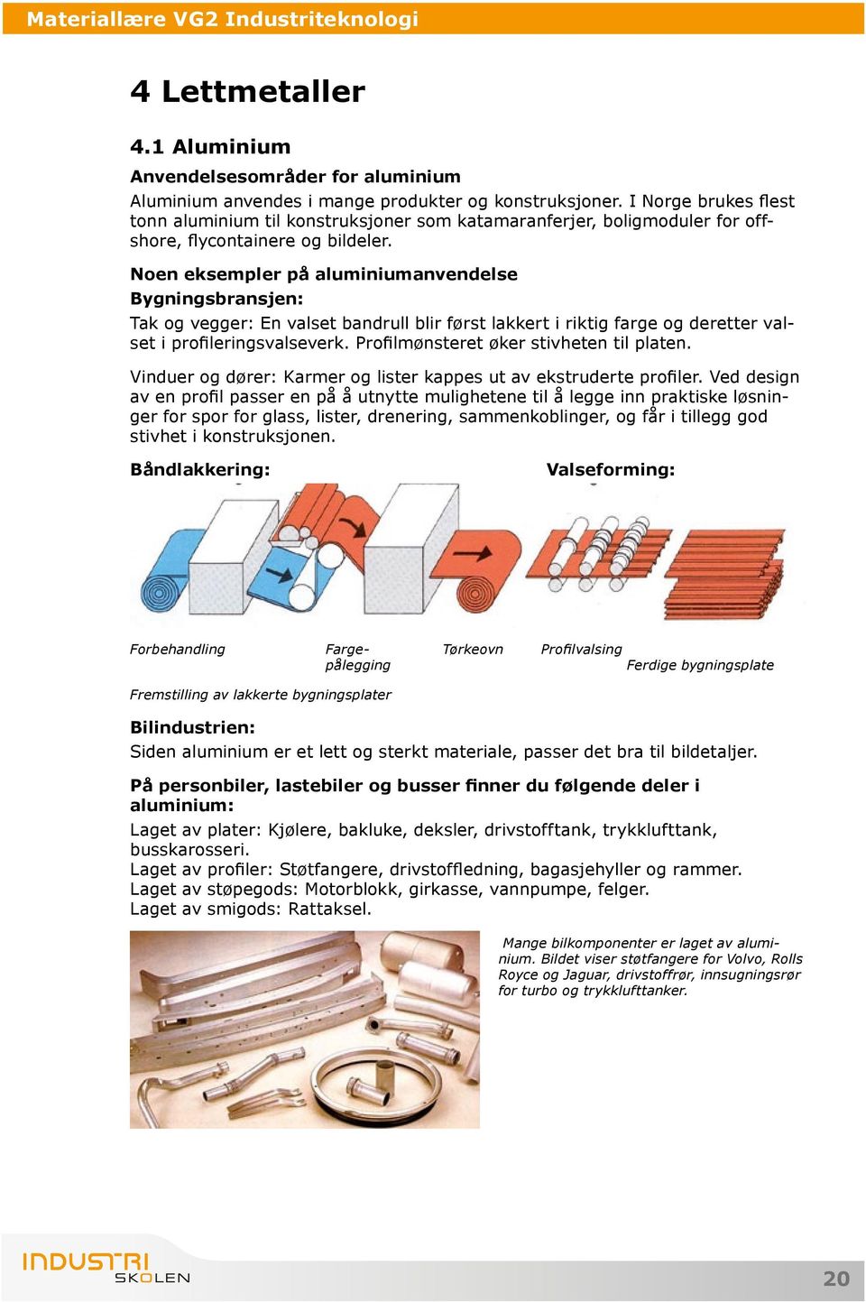 Noen eksempler på aluminiumanvendelse Bygningsbransjen: Tak og vegger: En valset bandrull blir først lakkert i riktig farge og deretter valset i profileringsvalseverk.