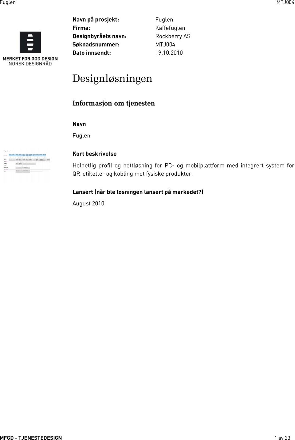 2010 Designløsningen Informasjon om tjenesten Navn Fuglen Kort beskrivelse Helhetlig profil og