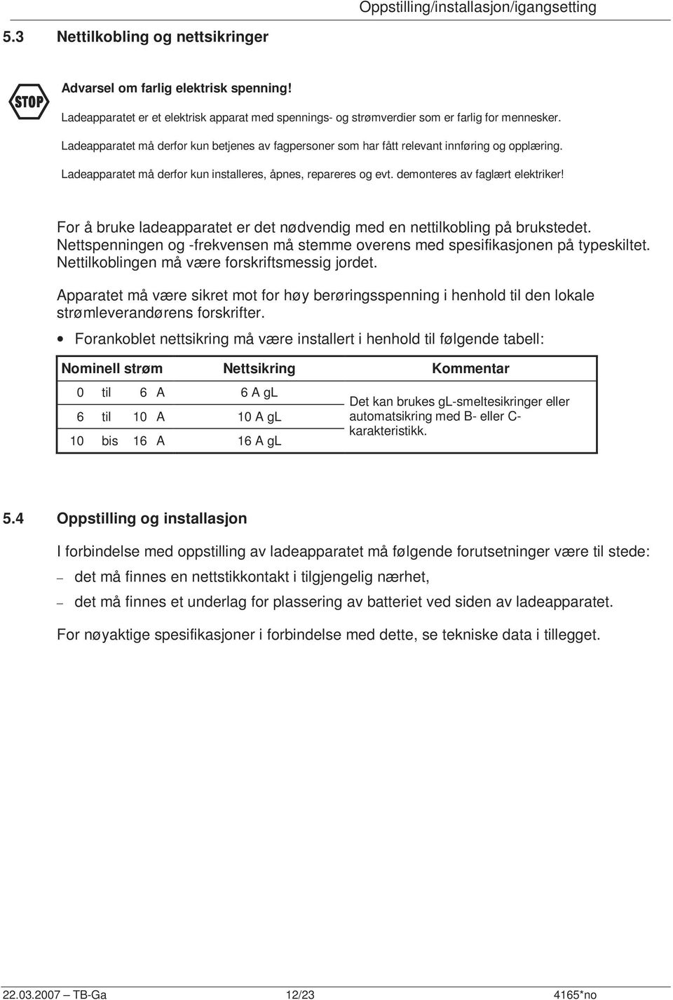 Ladeapparatet må derfor kun installeres, åpnes, repareres og evt. demonteres av faglært elektriker! For å bruke ladeapparatet er det nødvendig med en nettilkobling på brukstedet.