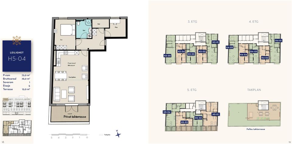 76,0 m 2 P-rom 72,0 m 2 Bruttoareal 76,0 m 2 erom 1 Etasje 5 Terrasse 12,0 m 2 Stue kjøkken