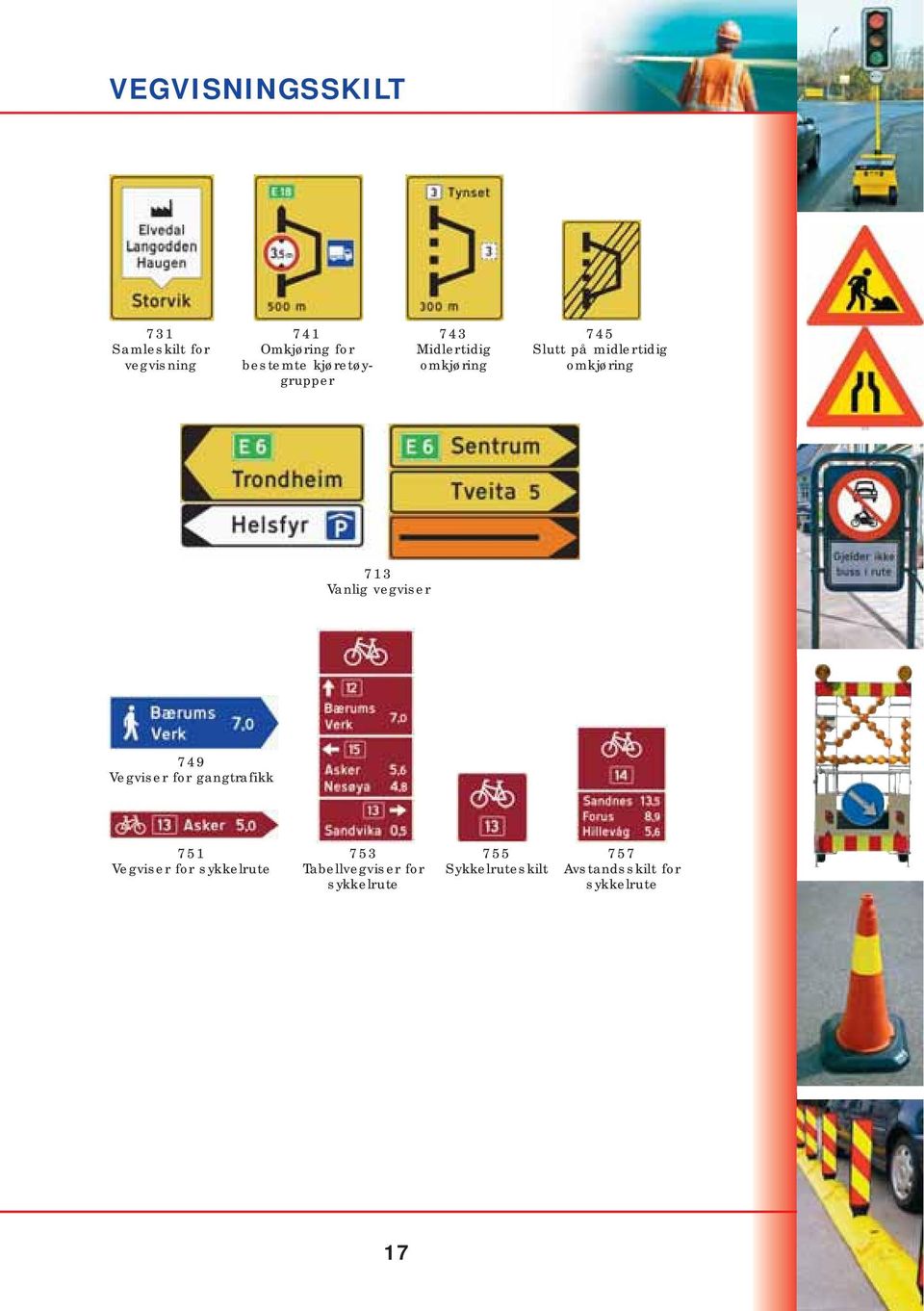 713 Vanlig vegviser 749 Vegviser for gangtrafikk 751 Vegviser for sykkelrute