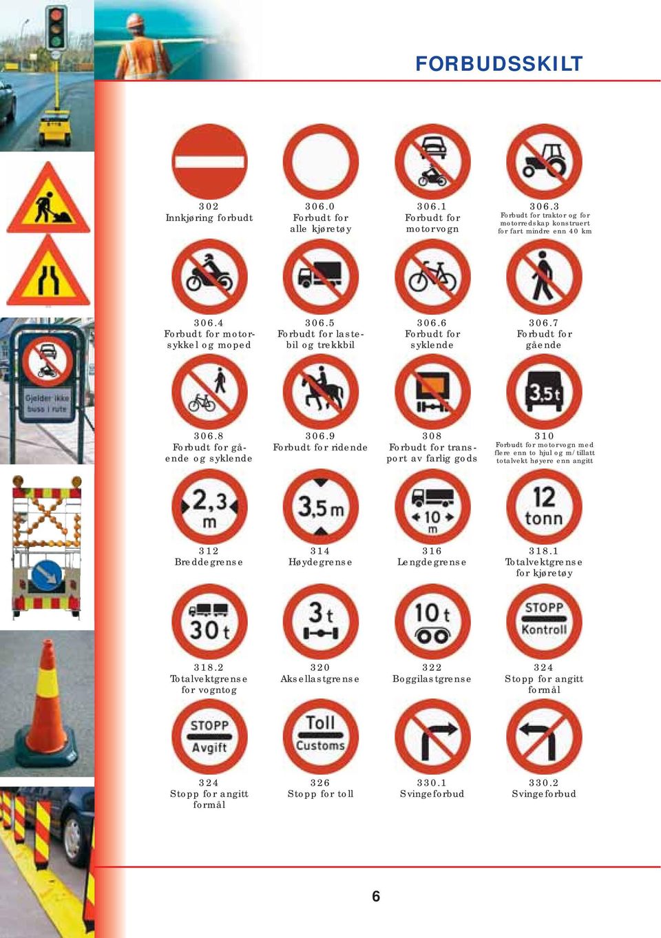 9 Forbudt for ridende 308 Forbudt for transport av farlig gods 310 Forbudt for motorvogn med flere enn to hjul og m/tillatt totalvekt høyere enn angitt 312 Breddegrense 314 Høydegrense 316