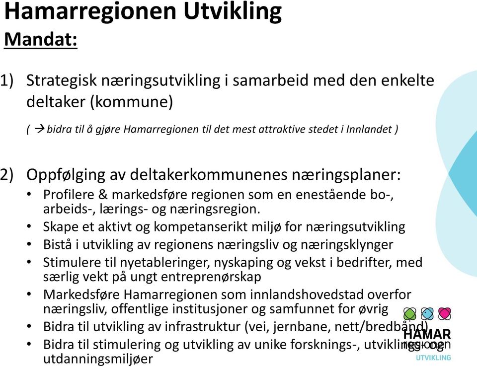 Skape et aktivt og kompetanserikt miljø for næringsutvikling Bistå i utvikling av regionens næringsliv og næringsklynger Stimulere til nyetableringer, nyskaping og vekst i bedrifter, med særlig vekt