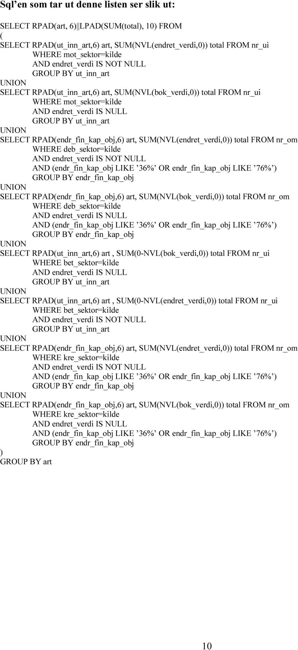 SELECT RPAD(endr_fin_kap_obj,6) art, SUM(NVL(endret_verdi,0)) total FROM nr_om WHERE deb_sektor=kilde AND endret_verdi IS NOT NULL AND (endr_fin_kap_obj LIKE 36% OR endr_fin_kap_obj LIKE 76% ) GROUP