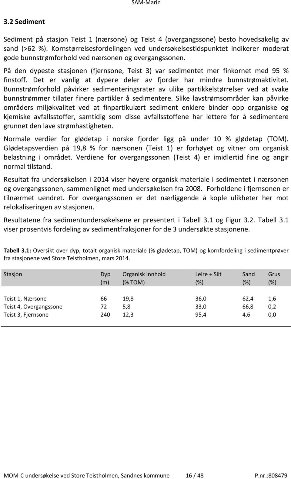 På den dypeste stasjonen (fjernsone, Teist 3) var sedimentet mer finkornet med 95 % finstoff. Det er vanlig at dypere deler av fjorder har mindre bunnstrømaktivitet.