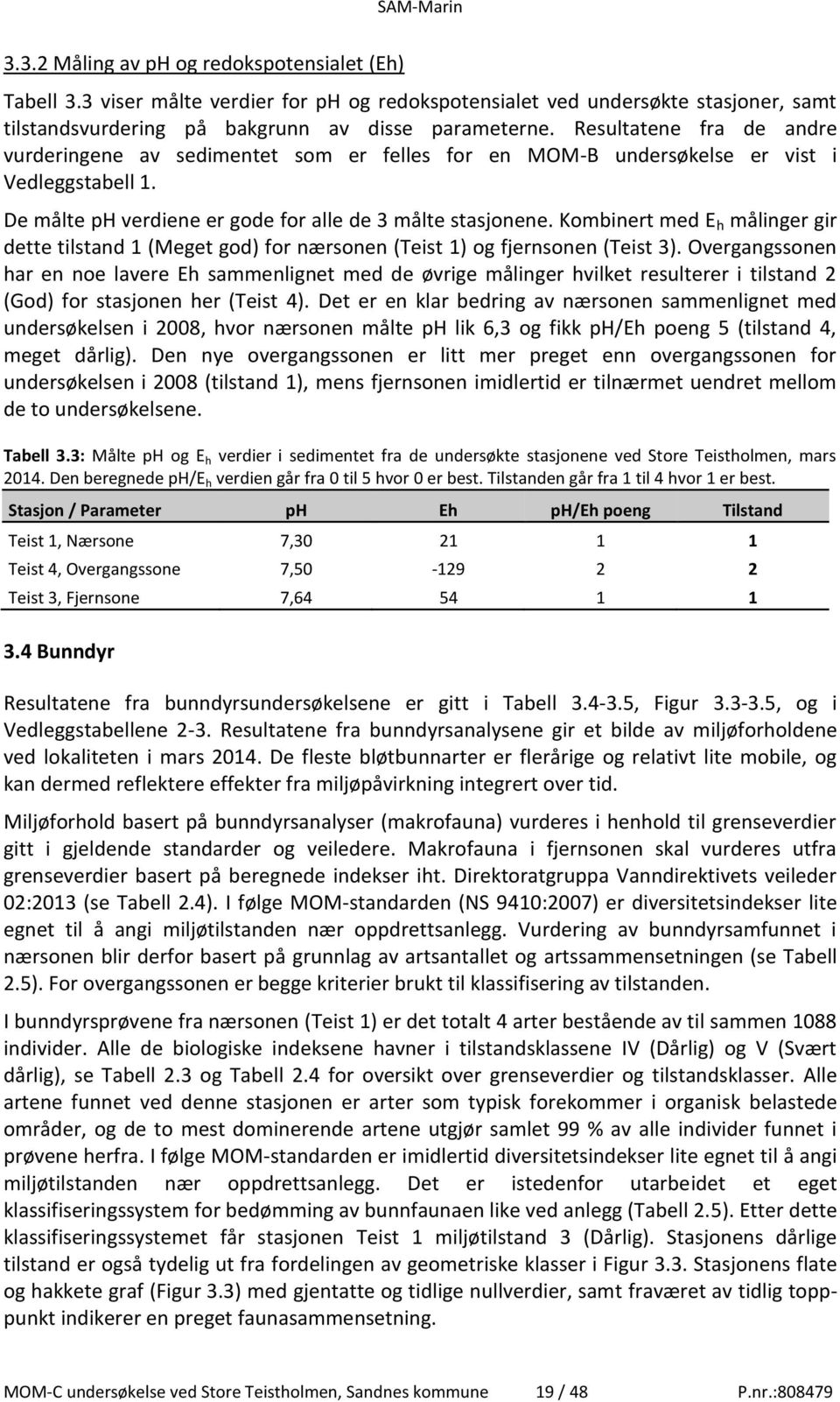 Kombinert med E h målinger gir dette tilstand 1 (Meget god) for nærsonen (Teist 1) og fjernsonen (Teist 3).