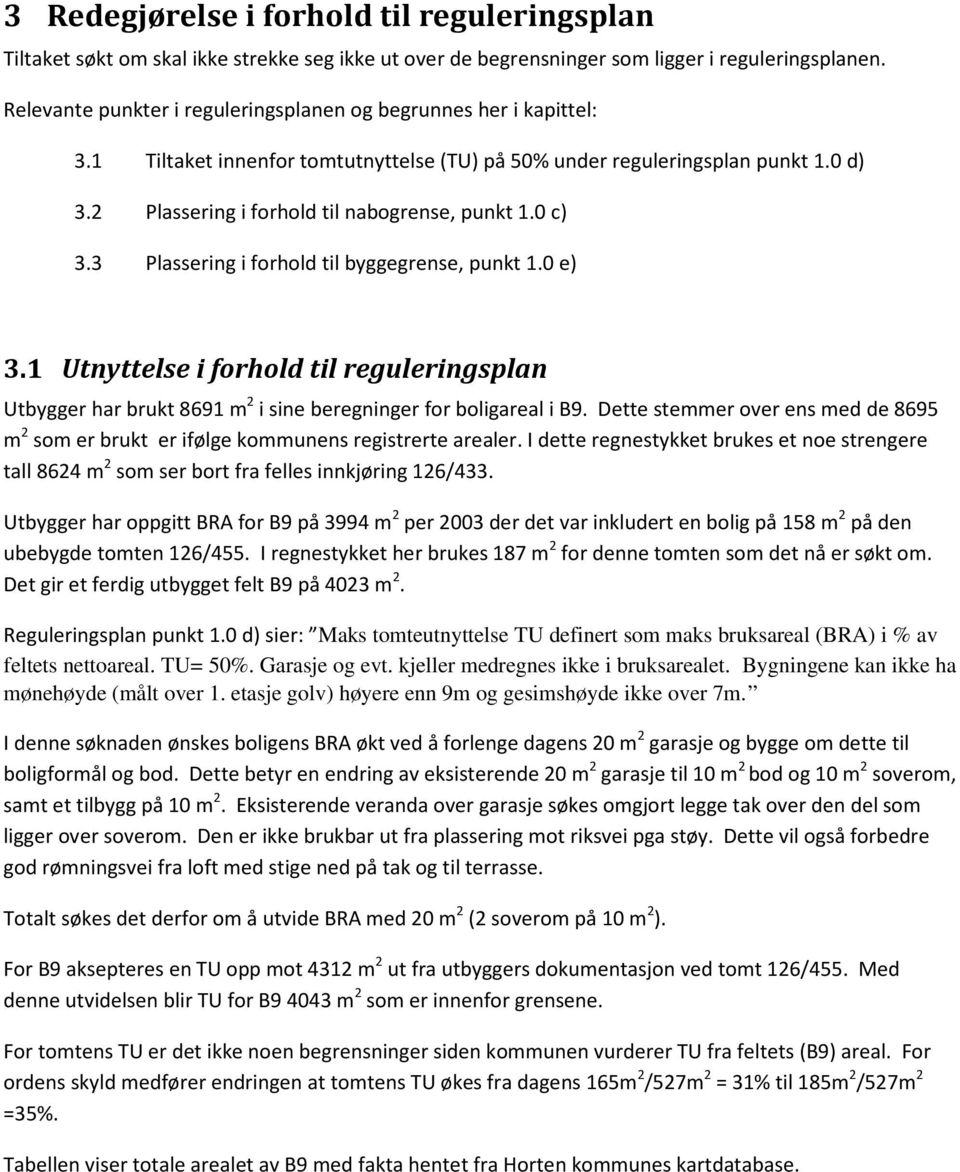 0 c) 3.3 Plassering i forhold til byggegrense, punkt 1.0 e) 3.1 Utnyttelse i forhold til reguleringsplan Utbygger har brukt 8691 m 2 i sine beregninger for boligareal i B9.