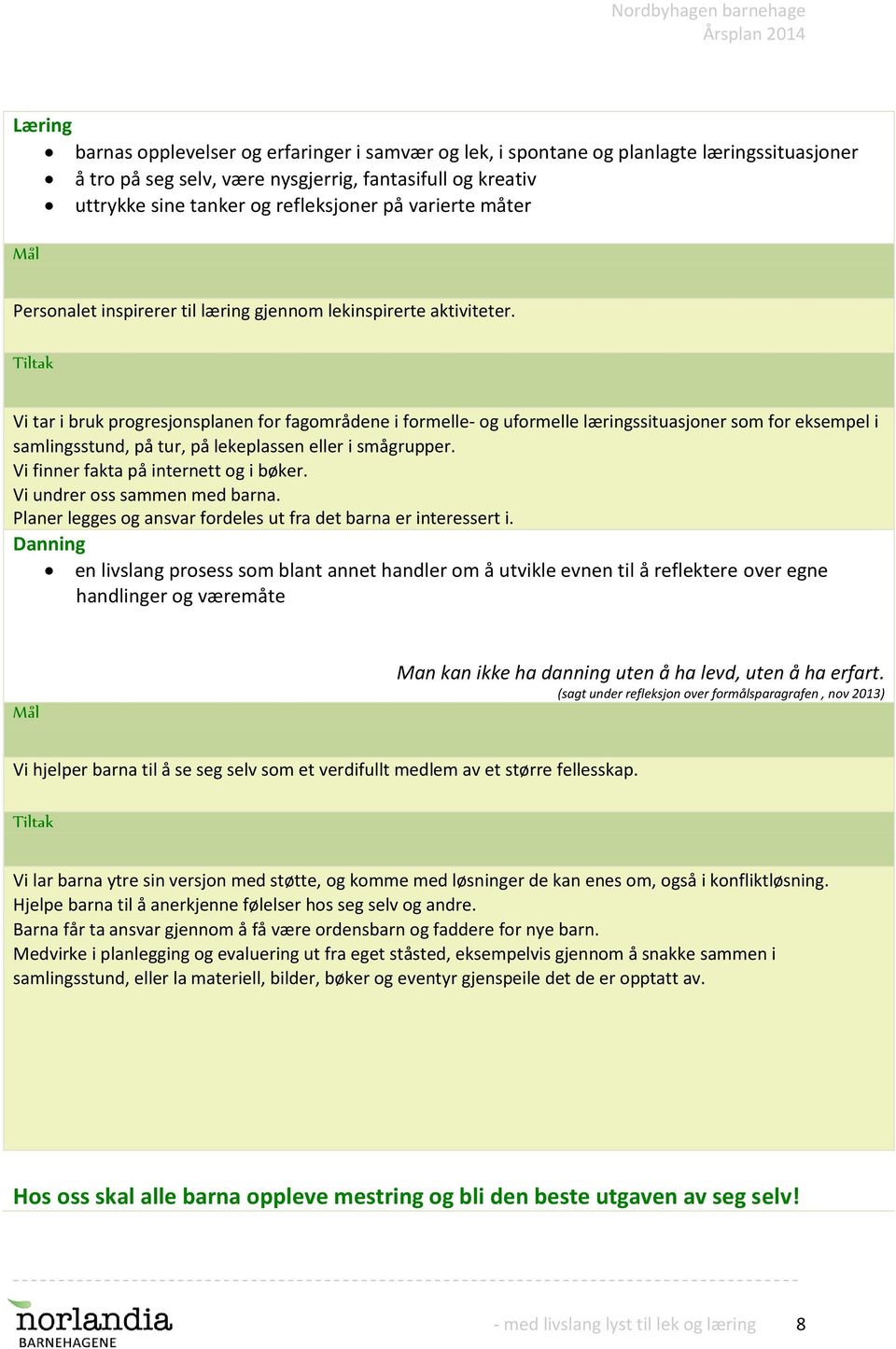 Vi tar i bruk progresjonsplanen for fagområdene i formelle- og uformelle læringssituasjoner som for eksempel i samlingsstund, på tur, på lekeplassen eller i smågrupper.