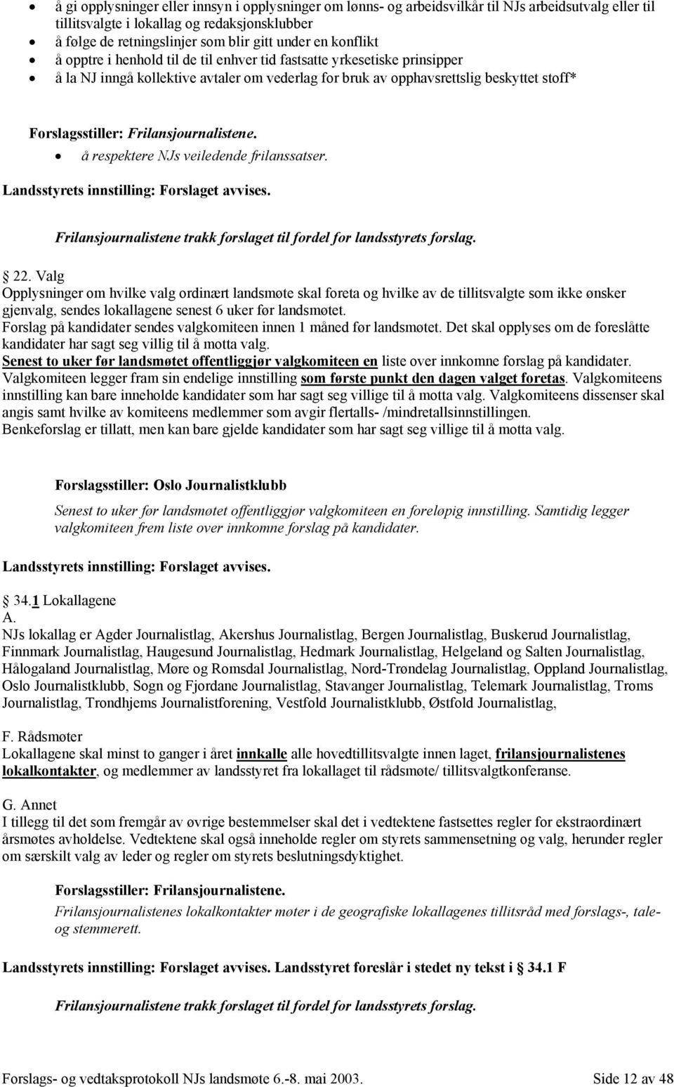 Frilansjournalistene. å respektere NJs veiledende frilanssatser. Landsstyrets innstilling: Forslaget avvises. Frilansjournalistene trakk forslaget til fordel for landsstyrets forslag. 22.