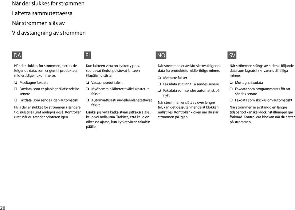 O O O Modtagne faxdata Faxdata, som er planlagt til afsendelse senere Faxdata, som sendes igen automatisk Hvis der er slukket for strømmen i længere tid, nulstilles uret muligvis også.