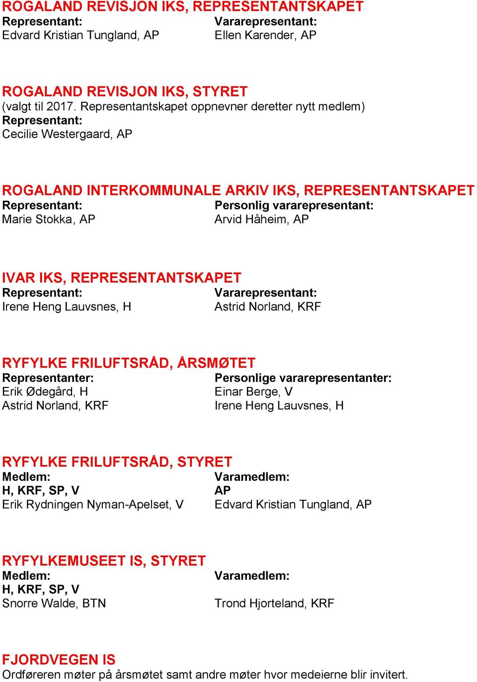 REPRESENTANTSKET Irene Heng Lauvsnes, H Vararepresentant: Astrid Norland, KRF RYFYLKE FRILUFTSRÅD, ÅRSMØTET Representanter: Erik Ødegård, H Astrid Norland, KRF Personlige vararepresentanter: Einar