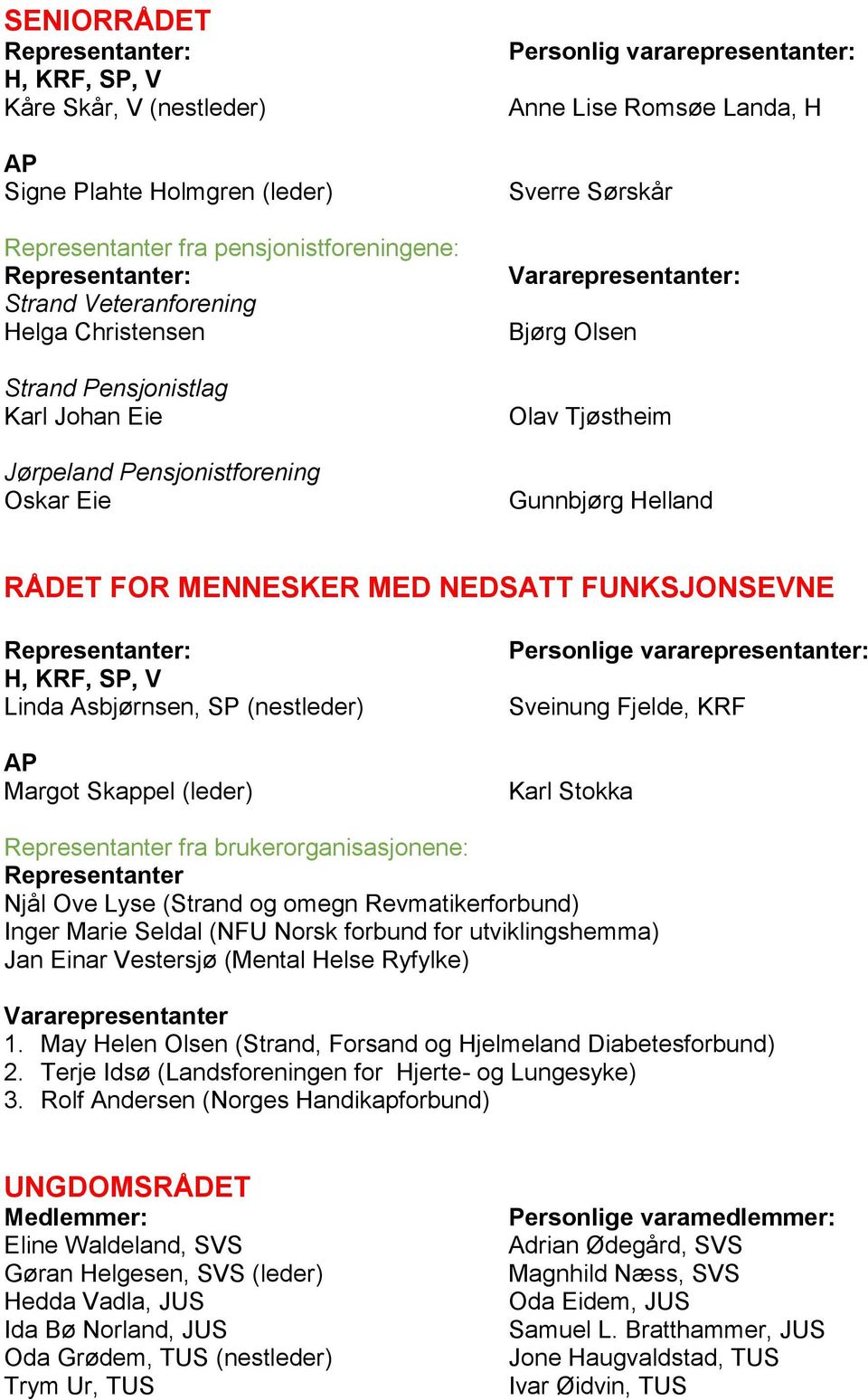 Helland RÅDET FOR MENNESKER MED NEDSATT FUNKSJONSEVNE Representanter: Linda Asbjørnsen, SP (nestleder) Margot Skappel (leder) Personlige vararepresentanter: Sveinung Fjelde, KRF Karl Stokka