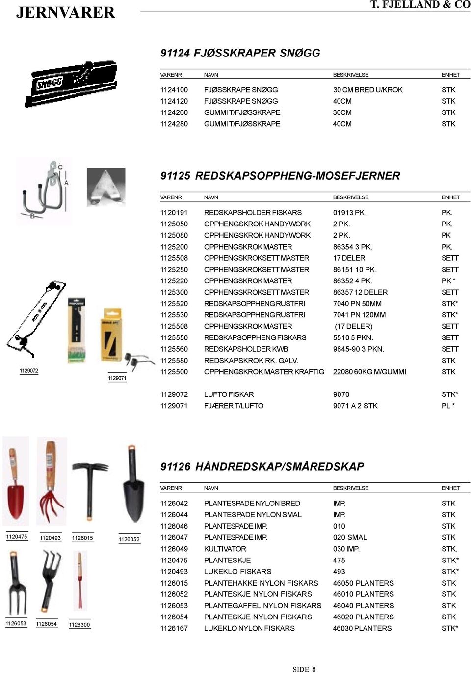 REDSKAPSOPPHENG-MOSEFJERNER 1129072 1129071 1120191 REDSKAPSHOLDER FISKARS 01913 PK. PK. 1125050 OPPHENGSKROK HANDYWORK 2 PK. PK. 1125080 OPPHENGSKROK HANDYWORK 2 PK.