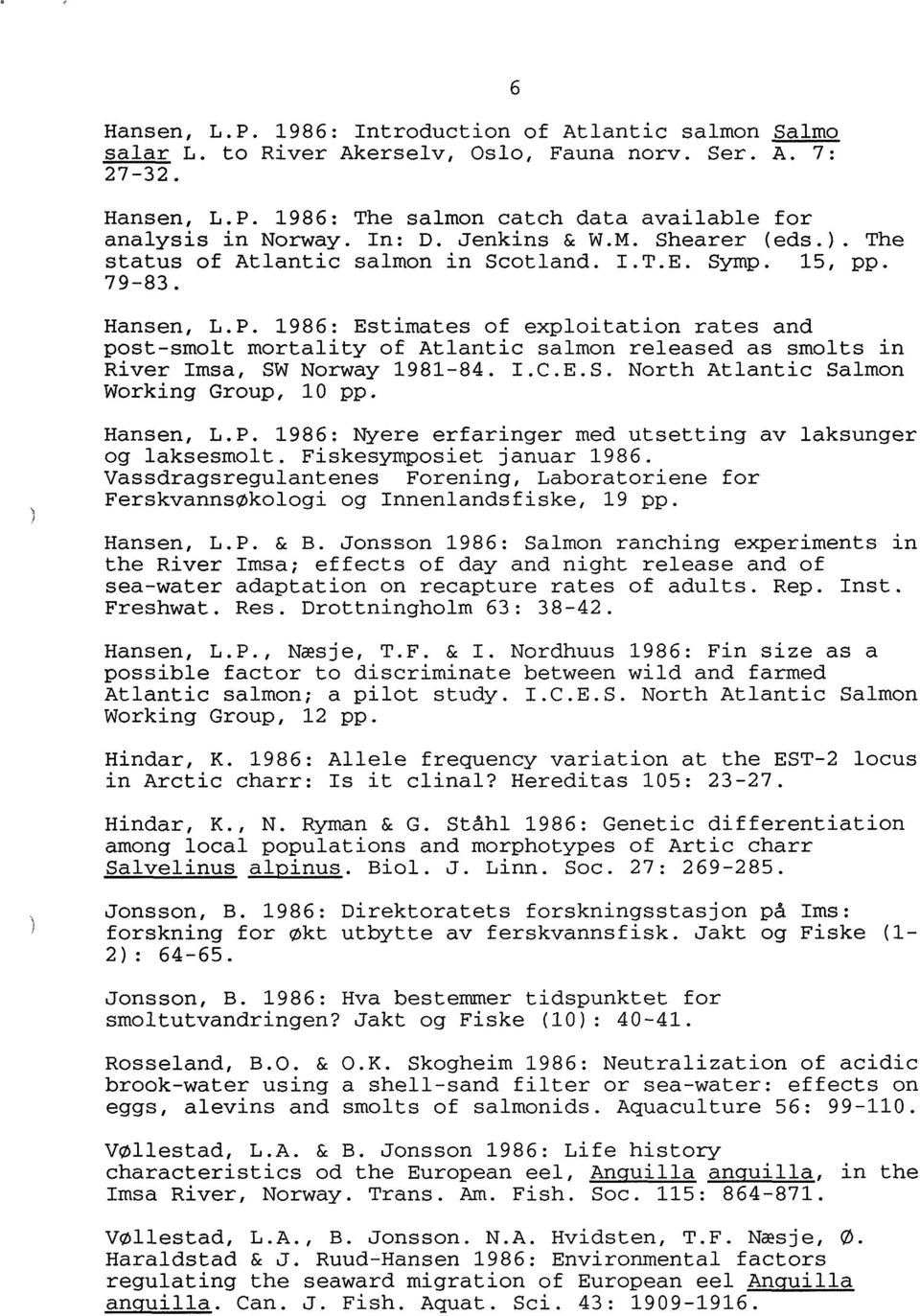 1986: Estimates of exploitation rates and post-smolt mortality of Atlantic salmon released as smolts in River Imsa, SW Norway 1981-84. I.C.E.S. North Atlantic Salmon Working Group, 10 pp. Hansen, L.P.