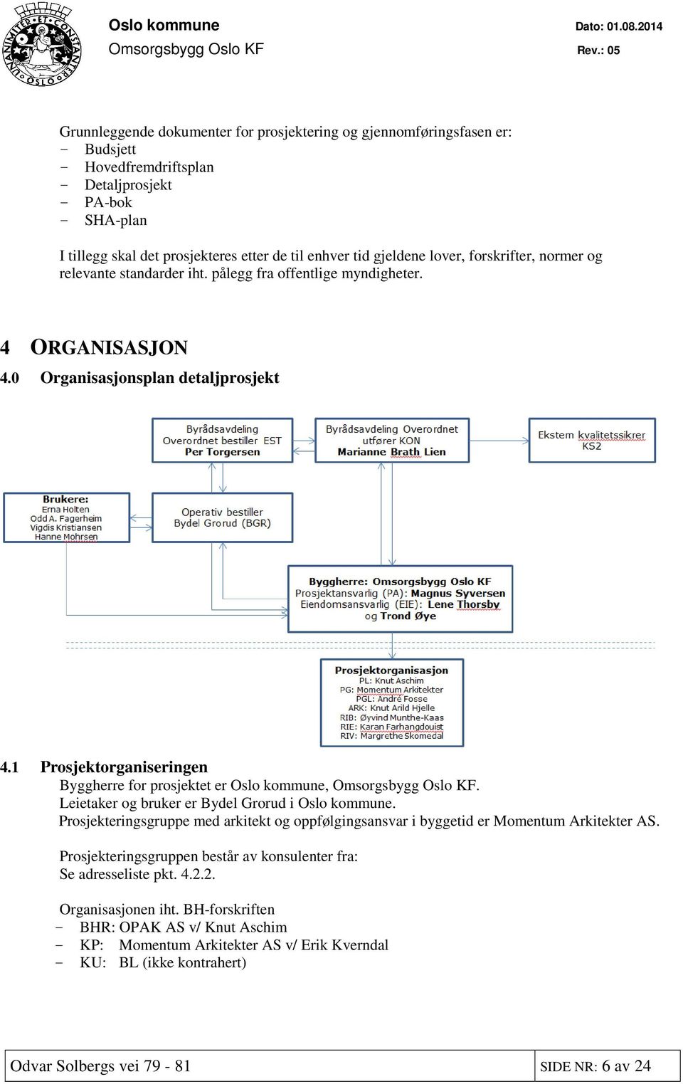 1 Prosjektorganiseringen Byggherre for prosjektet er Oslo kommune, Omsorgsbygg Oslo KF. Leietaker og bruker er Bydel Grorud i Oslo kommune.