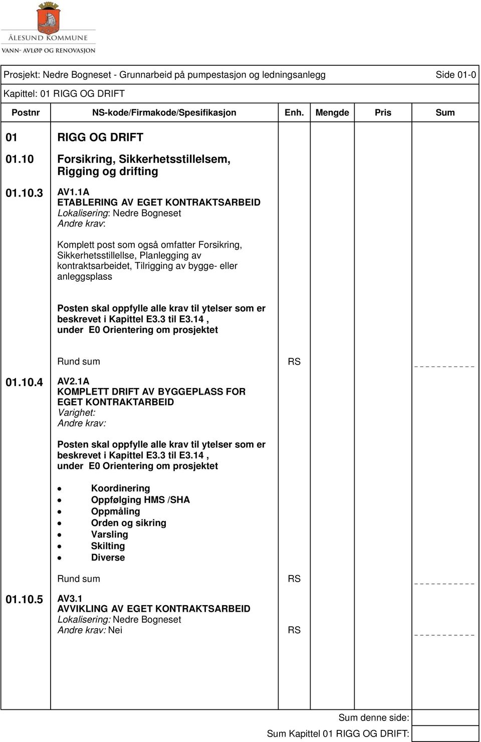 anleggsplass Posten skal oppfylle alle krav til ytelser som er beskrevet i Kapittel E3.3 til E3.14, under E0 Orientering om prosjektet Rund sum RS 01.10.4 AV2.