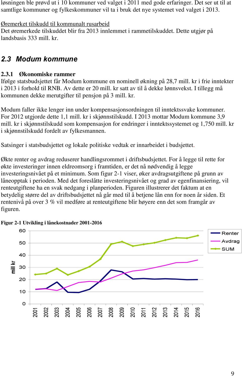 Øremerket tilskudd til kommunalt rusarbeid Det øremerkede tilskuddet blir fra 2013 innlemmet i rammetilskuddet. Dette utgjør på landsbasis 333 mill. kr. 2.3 Modum kommune 2.3.1 Økonomiske rammer Ifølge statsbudsjettet får Modum kommune en nominell økning på 28,7 mill.