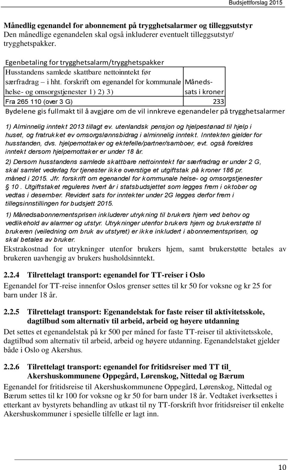 forskrift om egenandel for kommunale Månedssats i kroner helse- og omsorgstjenester 1) 2) 3) Fra 265 110 (over 3 G) 233 Bydelene gis fullmakt til å avgjøre om de vil innkreve egenandeler på