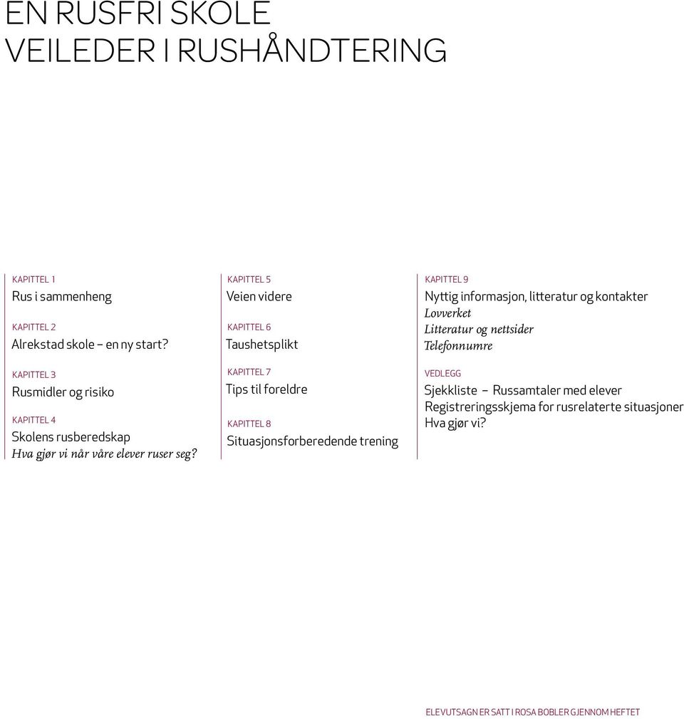 Telefonnumre Kapittel 3 Rusmidler og risiko Kapittel 4 Skolens rusberedskap Hva gjør vi når våre elever ruser seg?