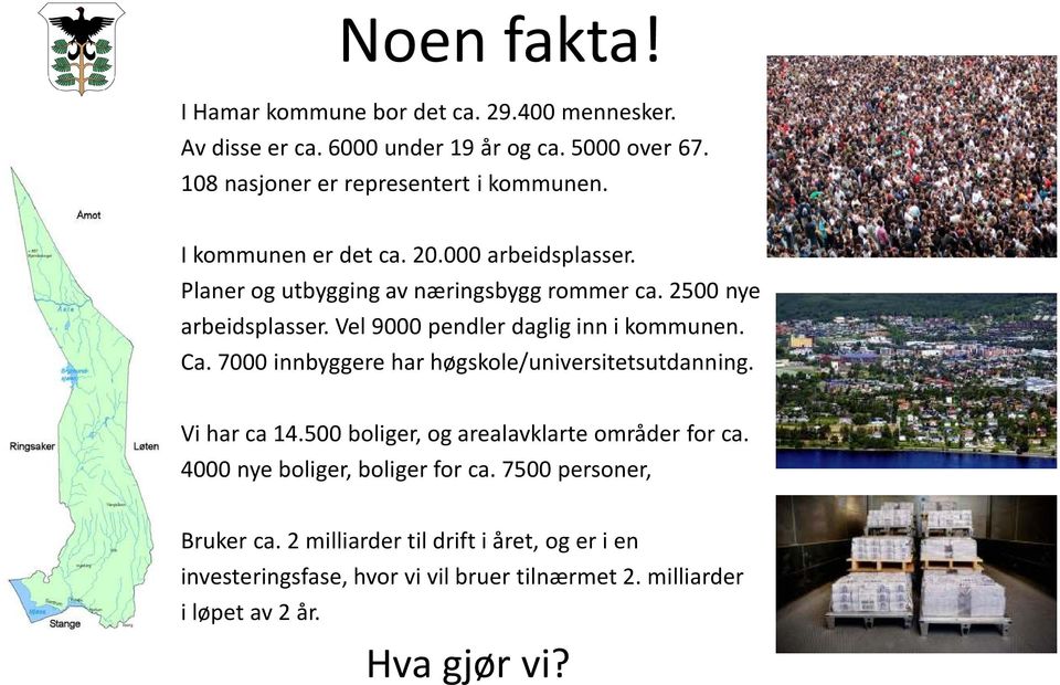 Vel 9000 pendler daglig inn i kommunen. Ca. 7000 innbyggere har høgskole/universitetsutdanning. Vi har ca 14.500 boliger, og arealavklarte områder for ca.