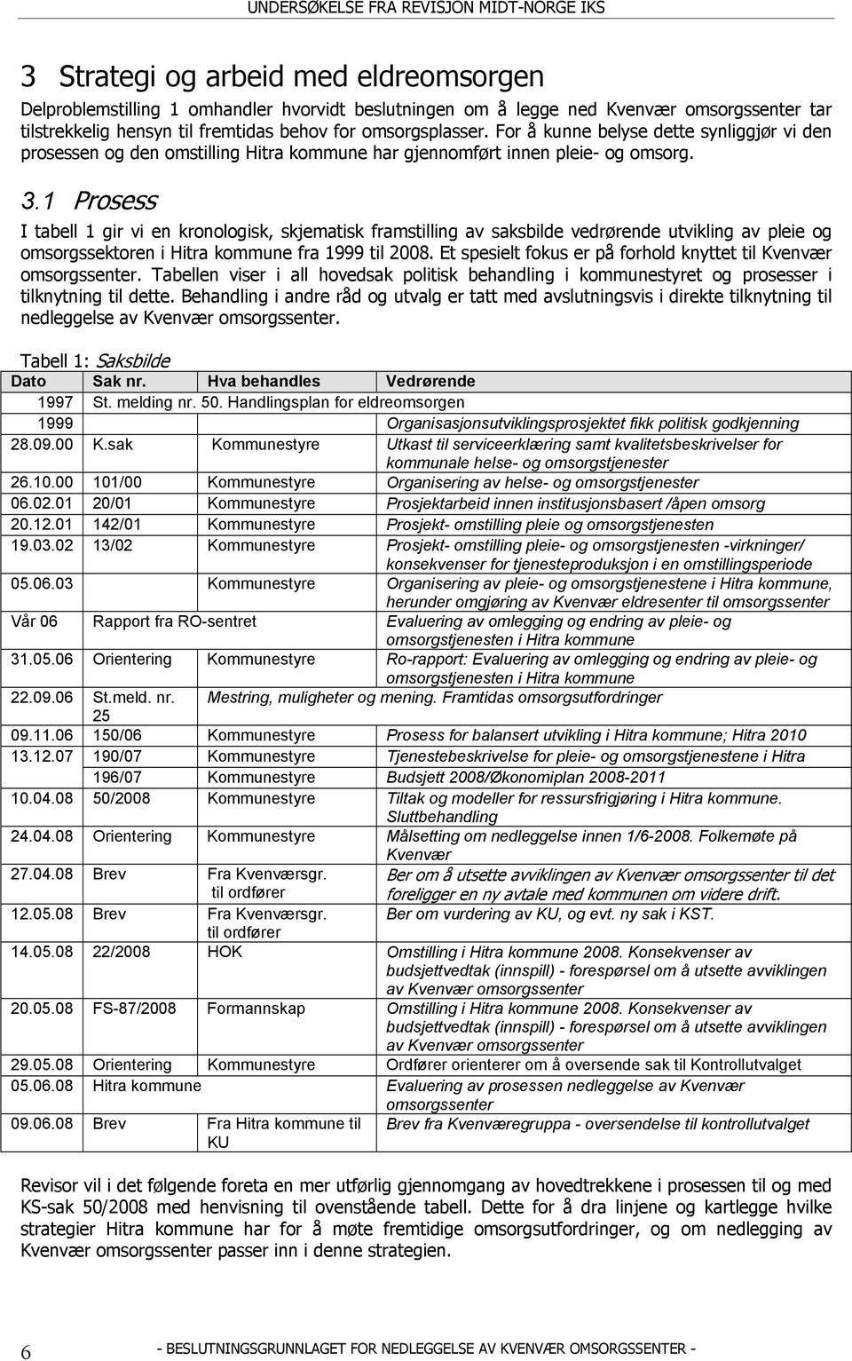 1 Prosess I tabell 1 gir vi en kronologisk, skjematisk framstilling av saksbilde vedrørende utvikling av pleie og omsorgssektoren i Hitra kommune fra 1999 til 2008.