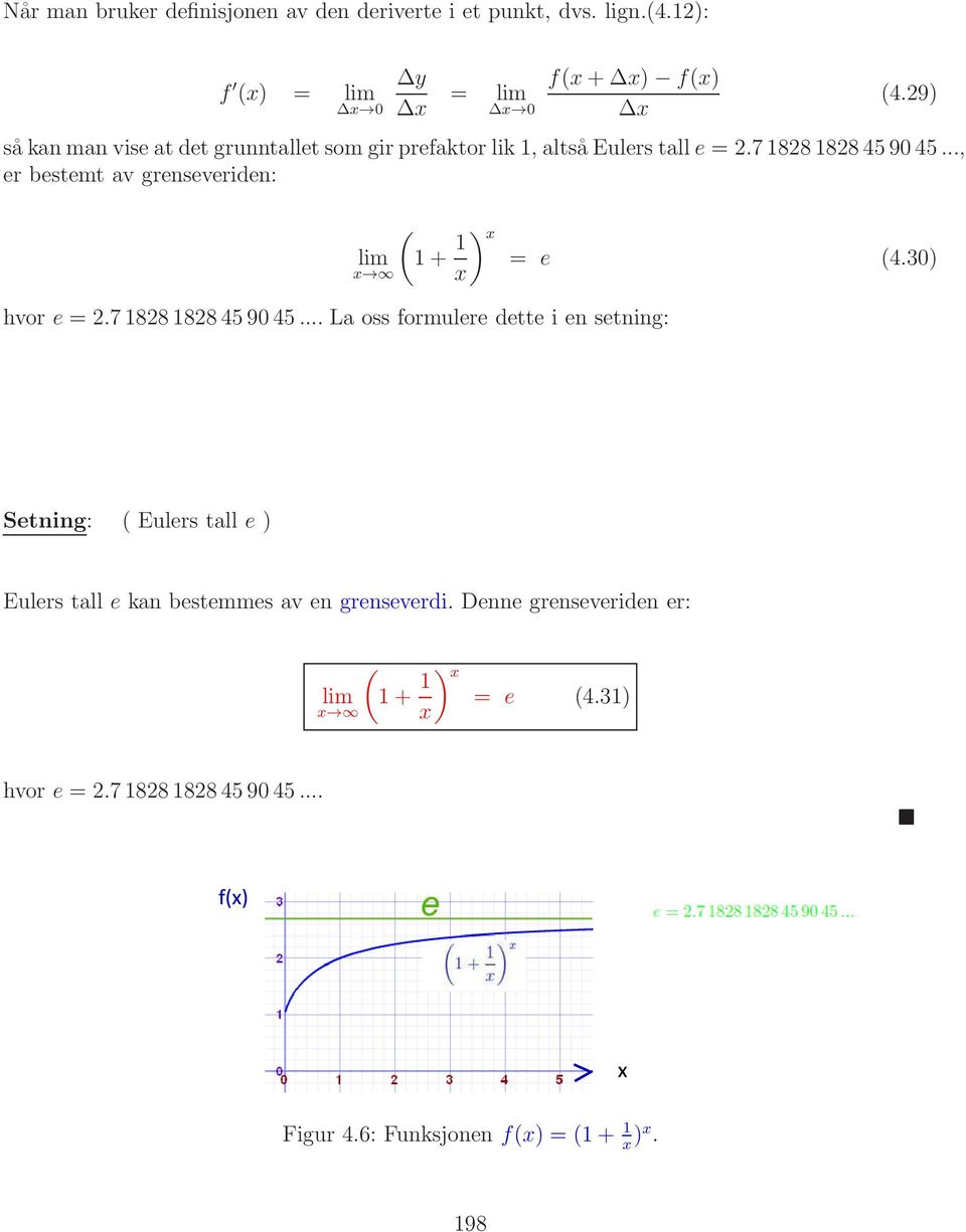 .., er bestemt av grenseveriden: ( lim 1+ 1 x = e (4.30) x x) hvor e = 2.718281828459045.