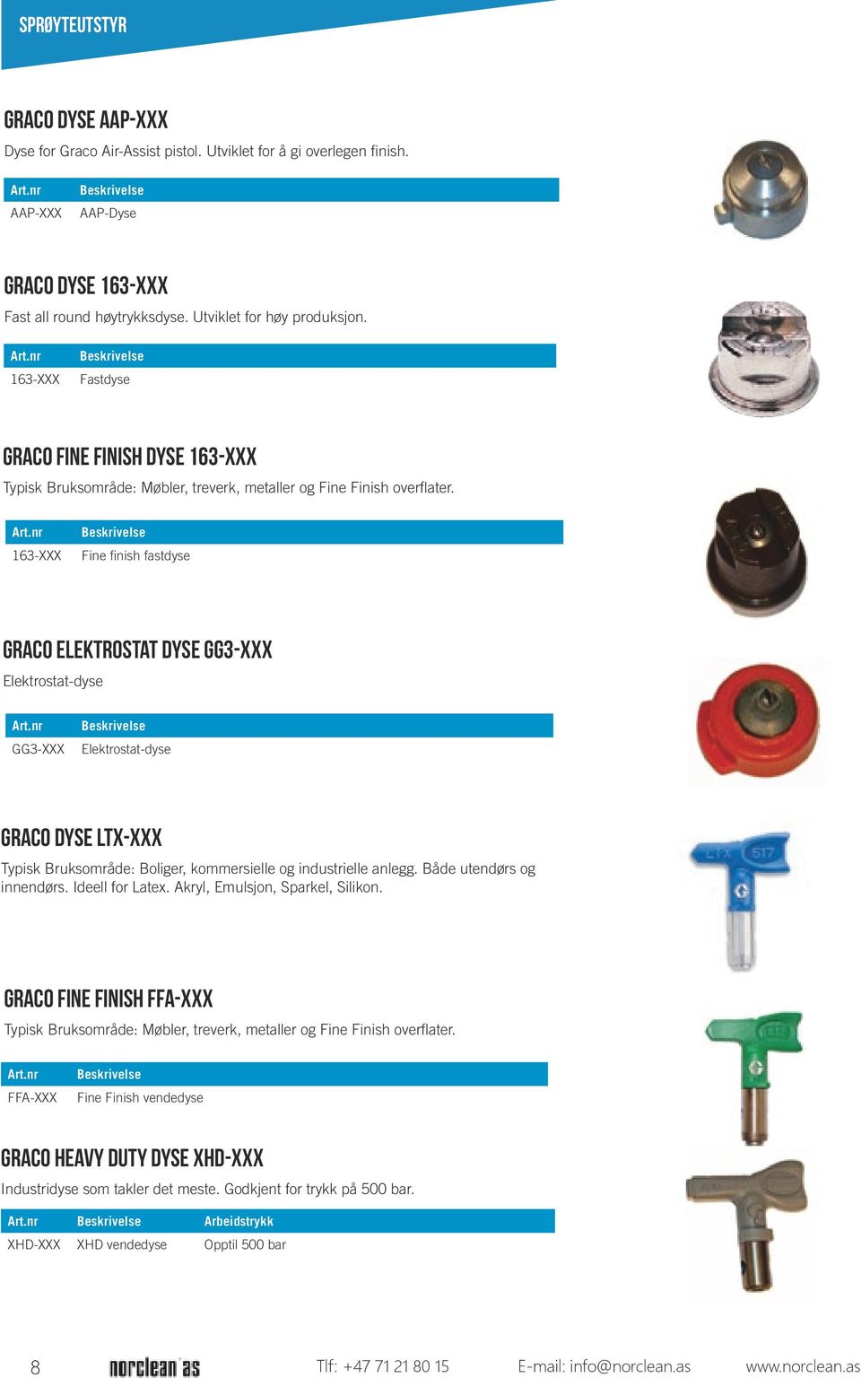 163-XXX Fine finish fastdyse Graco Elektrostat Dyse GG3-xxx Elektrostat-dyse GG3-XXX Elektrostat-dyse Graco Dyse LTX-xxx Typisk Bruksområde: Boliger, kommersielle og industrielle anlegg.