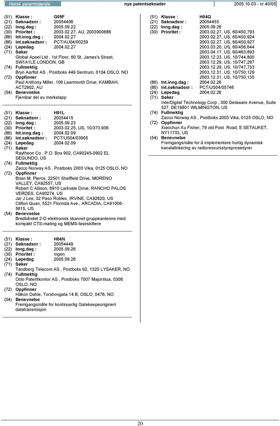 James's Street, SW1A1LE LONDON, GB Bryn Aarflot AS, Postboks 449 Sentrum, 0104 Paul Anthony Miller, 106 Learmonth Drive, KAMBAH, ACT2902, AU Fjernbar del av merkelapp (51) Klasse : H01L (21)