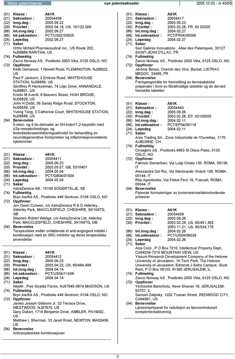 27 Ortho McNeil Pharmaceutical Inc, Route 202, NJ08869 RARITAN, Keith Demarest, 1 Newell Road, FLEMINGTON, NJ08822, Paul F Jackson, 2 Erskine Road, WHITEHOE STATION, NJ08889, Geoffrey R Heintzelman,