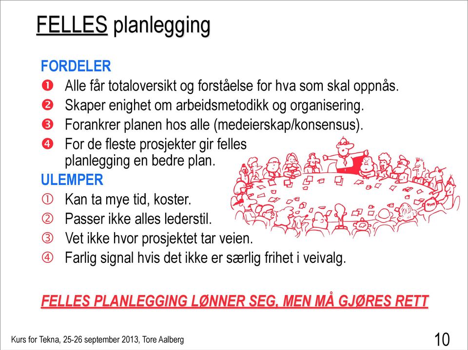 For de fleste prosjekter gir felles planlegging en bedre plan. ULEMPER Kan ta mye tid, koster.