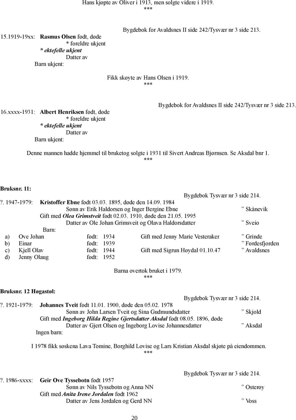 Bruksnr. 11: Bygdebok Tysvær nr 3 side 214.?. 1947-1979: Kristoffer Ebne født 03.03. 1895, døde den 14.09. 1984 Sønn av Erik Haldorsen og Inger Bergine Ebne Skånevik Gift med Olea Grimstveit født 02.