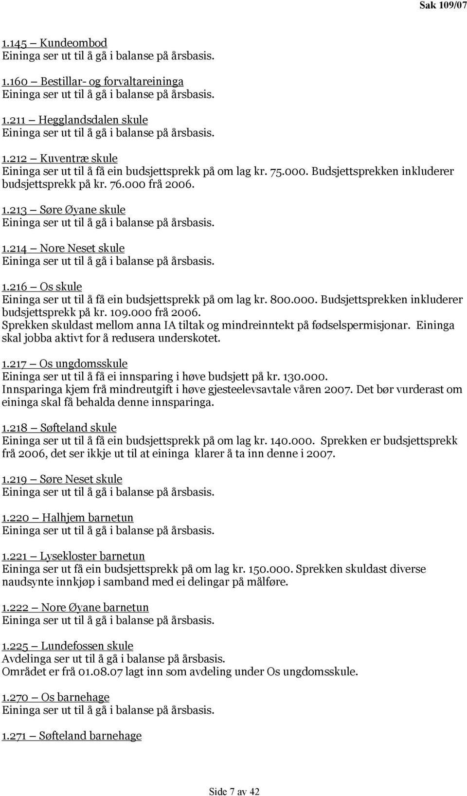 109.000 frå 2006. Sprekken skuldast mellom anna IA tiltak og mindreinntekt på fødselspermisjonar. Eininga skal jobba aktivt for å redusera underskotet. 1.