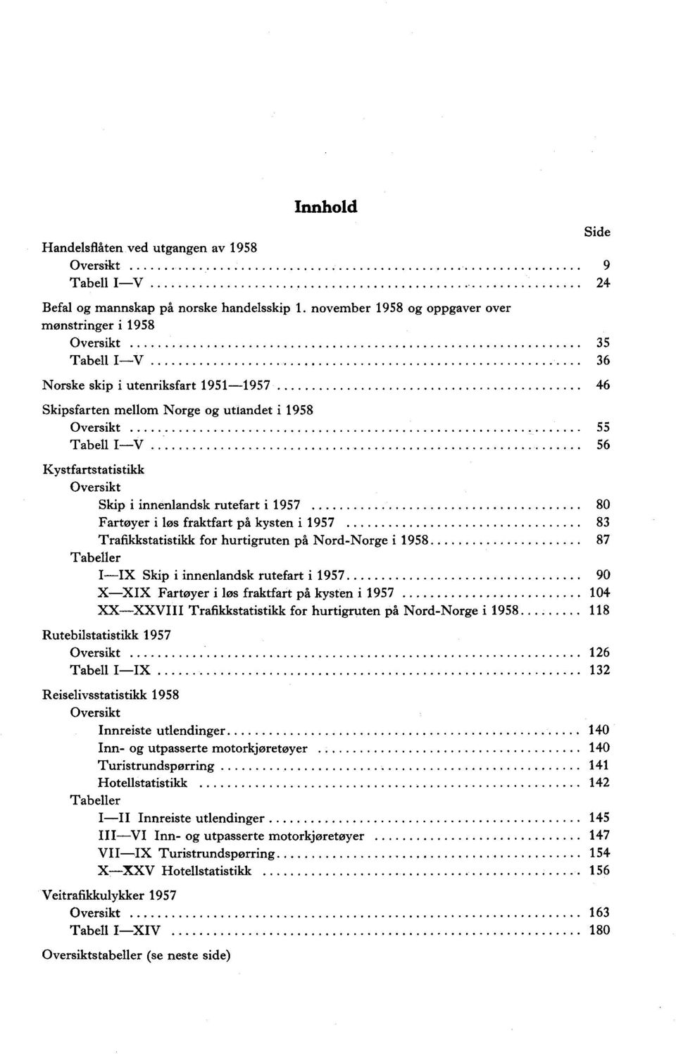 Oversikt Skip i innenlandsk rutefart i 957 80 Fartøyer i løs fraktfart på kysten i 957 83 Trafikkstatistikk for hurtigruten på Nord-Norge i 958 87 Tabeller IIX Skip i innenlandsk rutefart i 957 90
