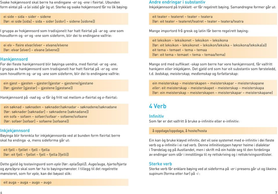 -ane som hovudform og -er og -ene som sideform, blir dei to endingane valfrie: ei elv fleire elvar/elver elvane/elvene (før: elvar [elver] elvane [elvene]) Hankjønnsord For dei fleste hankjønnsord