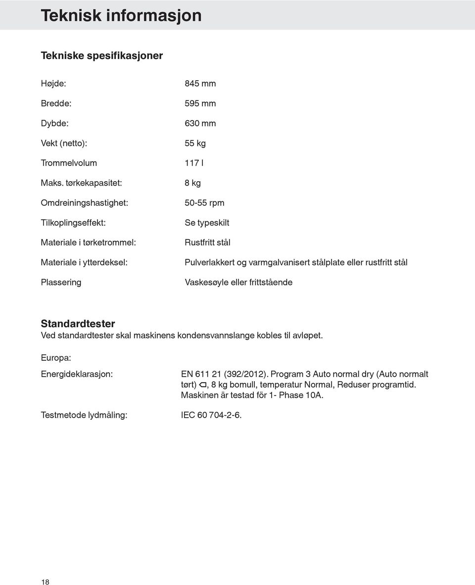 typeskilt Rustfritt stål Pulverlakkert og varmgalvanisert stålplate eller rustfritt stål Vaskesøyle eller frittstående Standardtester Ved standardtester skal maskinens
