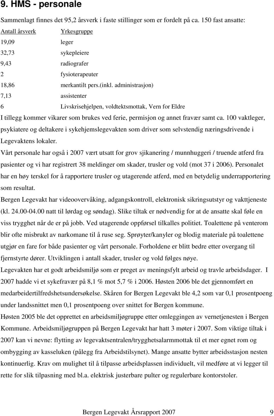 administrasjon) 7,13 assistenter 6 Livskrisehjelpen, voldtektsmottak, Vern for Eldre I tillegg kommer vikarer som brukes ved ferie, permisjon og annet fravær samt ca.