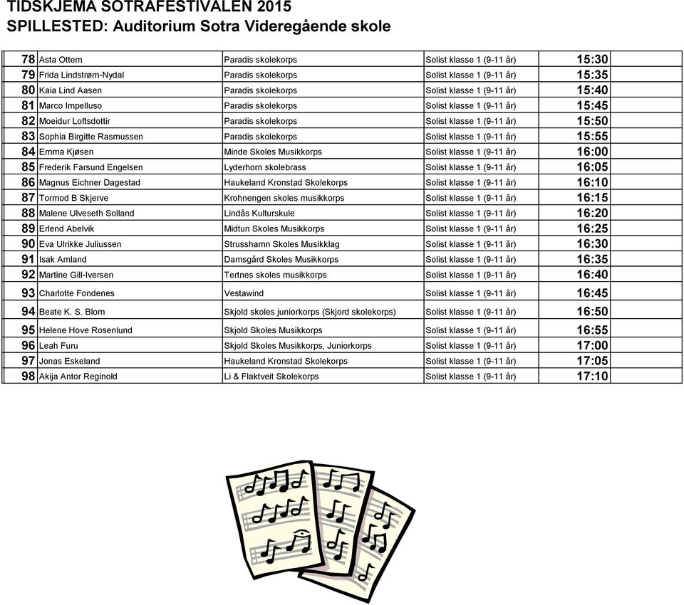 15:50 83 Sophia Birgitte Rasmussen Paradis skolekorps Solist klasse 1 (9-11 år) 15:55 84 Emma Kjøsen Minde Skoles Musikkorps Solist klasse 1 (9-11 år) 16:00 85 Frederik Farsund Engelsen Lyderhorn